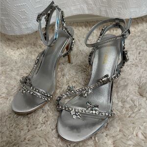 Fashion Nova Silver Jeweled Ankle-Strap Heels